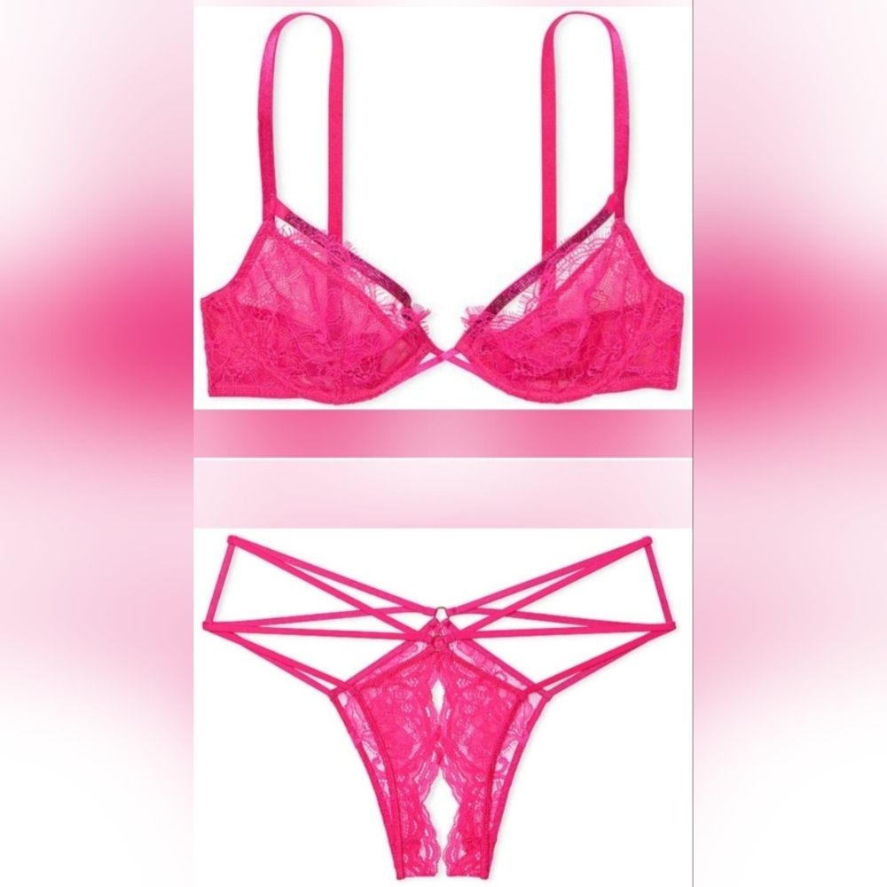 36D3/XL VS Shine Strappy Lace Demi Bra Strappy Crotchless Cheeky Panty Set Pink